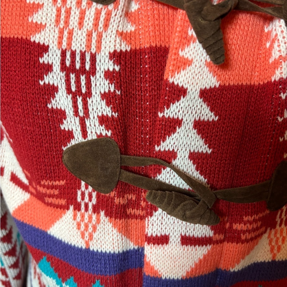 Valleygirl Red Peach Turquoise White and Brown Knit Coat with Faux Fur Hood - Picture 4 of 7